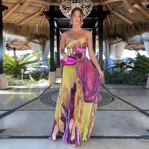 Wholesale 2026 summer new fashion elegant casual print tube top slim holiday style women's sleeveless dress