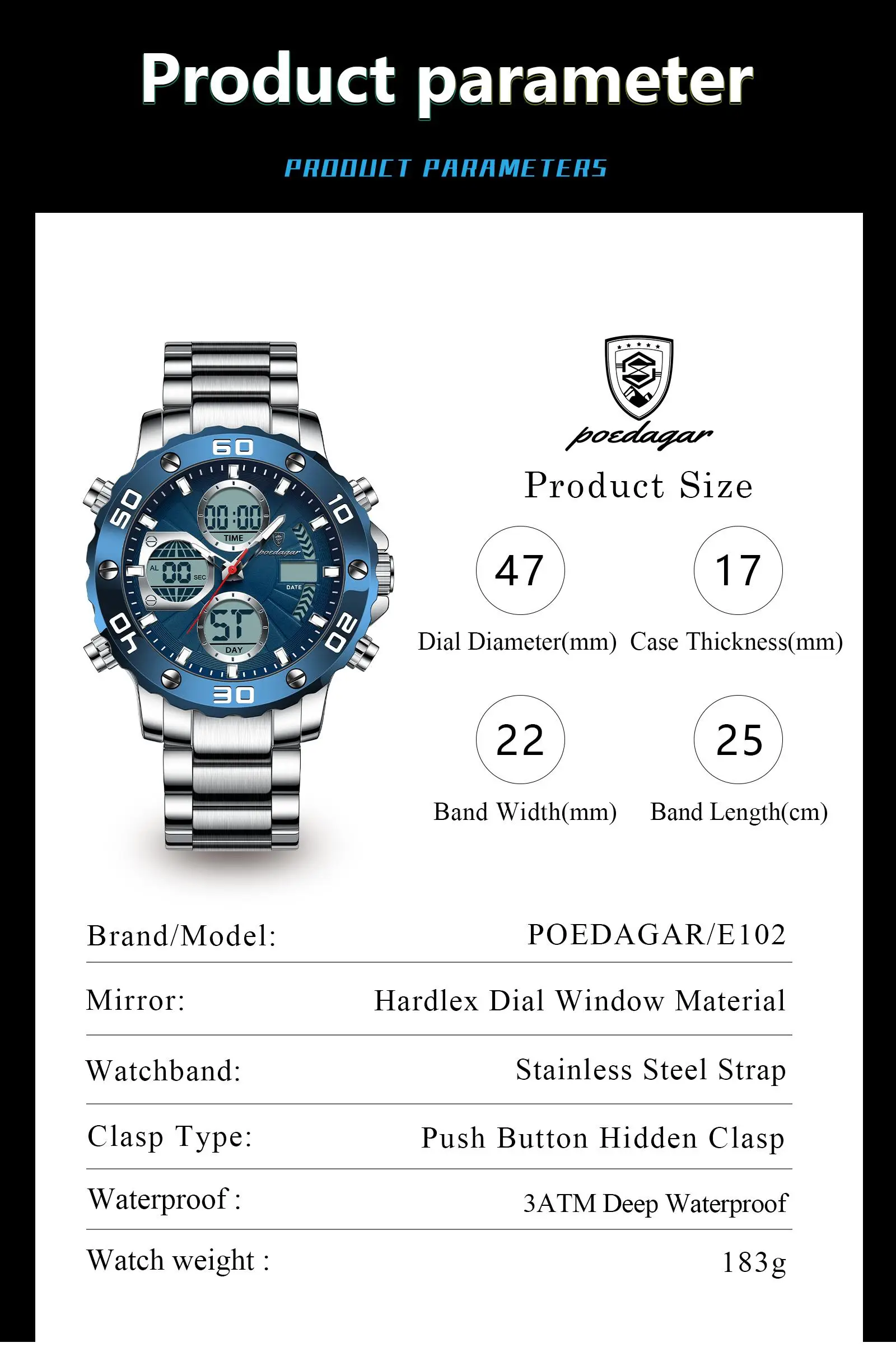 POEDAGAR E102 New Men Fashion Digital Quartz Movement Men Electronic Watches Led Dual  Display Luminous Stainless Watch for Male