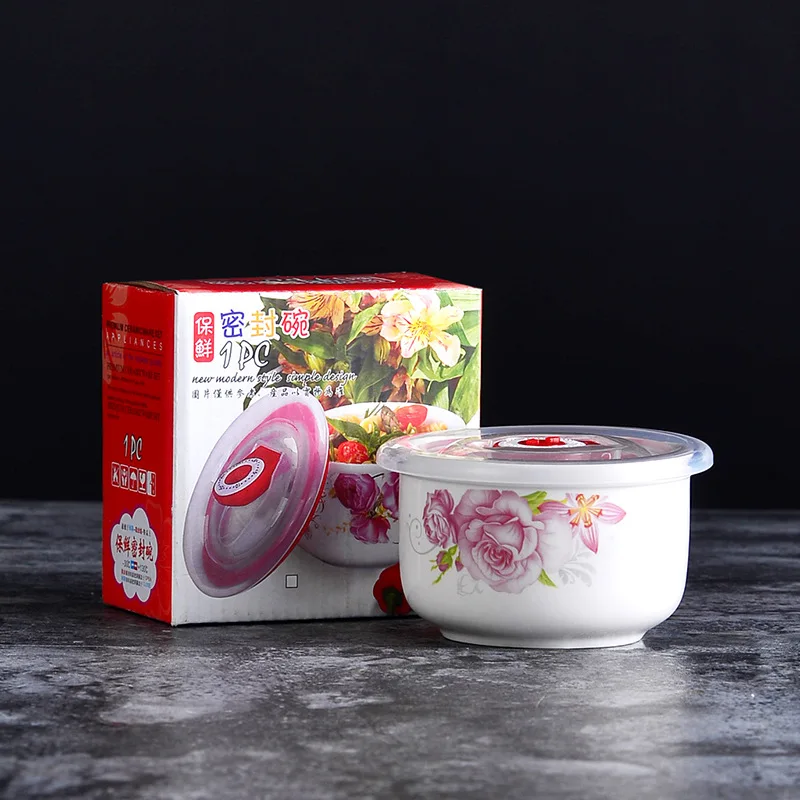 Custom Printed  Ceramic  Bowl 3 Set Microwave Safe Storage Food Container Fruit Serving Fresh Seal Bowls Noodle Bowl with Lid
