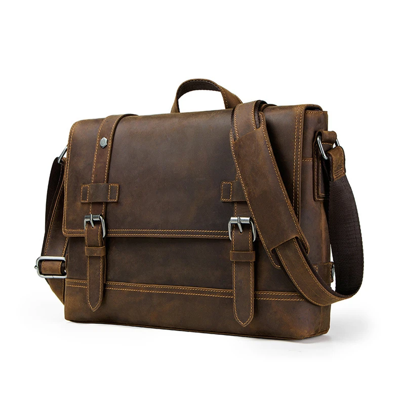Men's Retro Genuine Real Oil Wax Leather Messenger Shoulder Bag Briefcase Zipper 