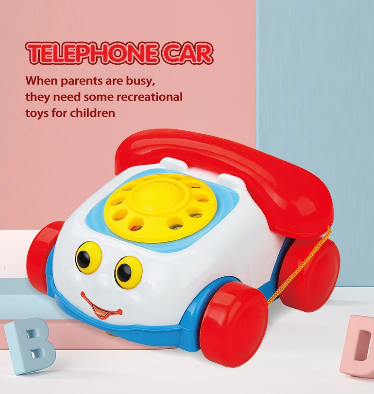 Interactive education push pull car baby toy musical cartoon handle pull along telephone bell pull line phone toys cars
