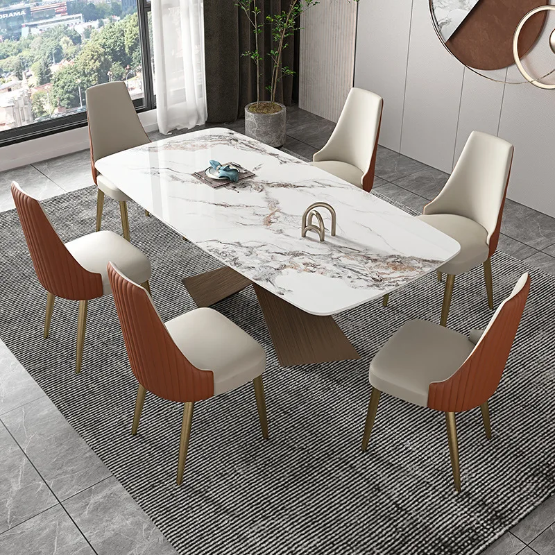 Hot Sale New Design Stone Metal Leg Rectangular Dining Table Luxury  Stainless Steel Marble Top Home Dining Furniture Table