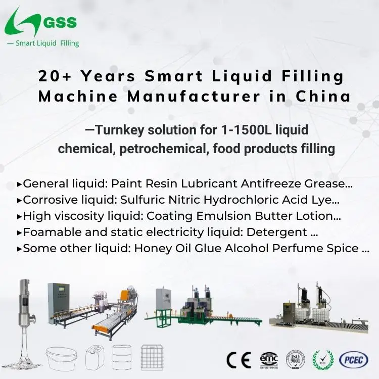 GSS 10-30L Semi-Automatic Chemical Pneumatic Liquid Filling Machine Corrosive Sulfuric Nitric Acid Lye Plastic & Metal Packaging