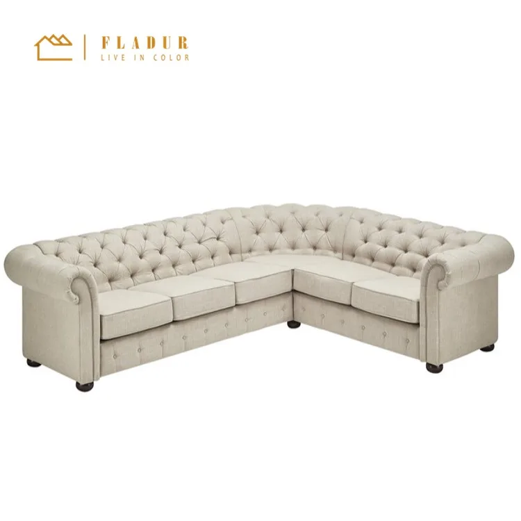 L Shape Sectional Curved Linen Tufted Settee Wood Chesterfield Sofa for Living Room Lounge Room