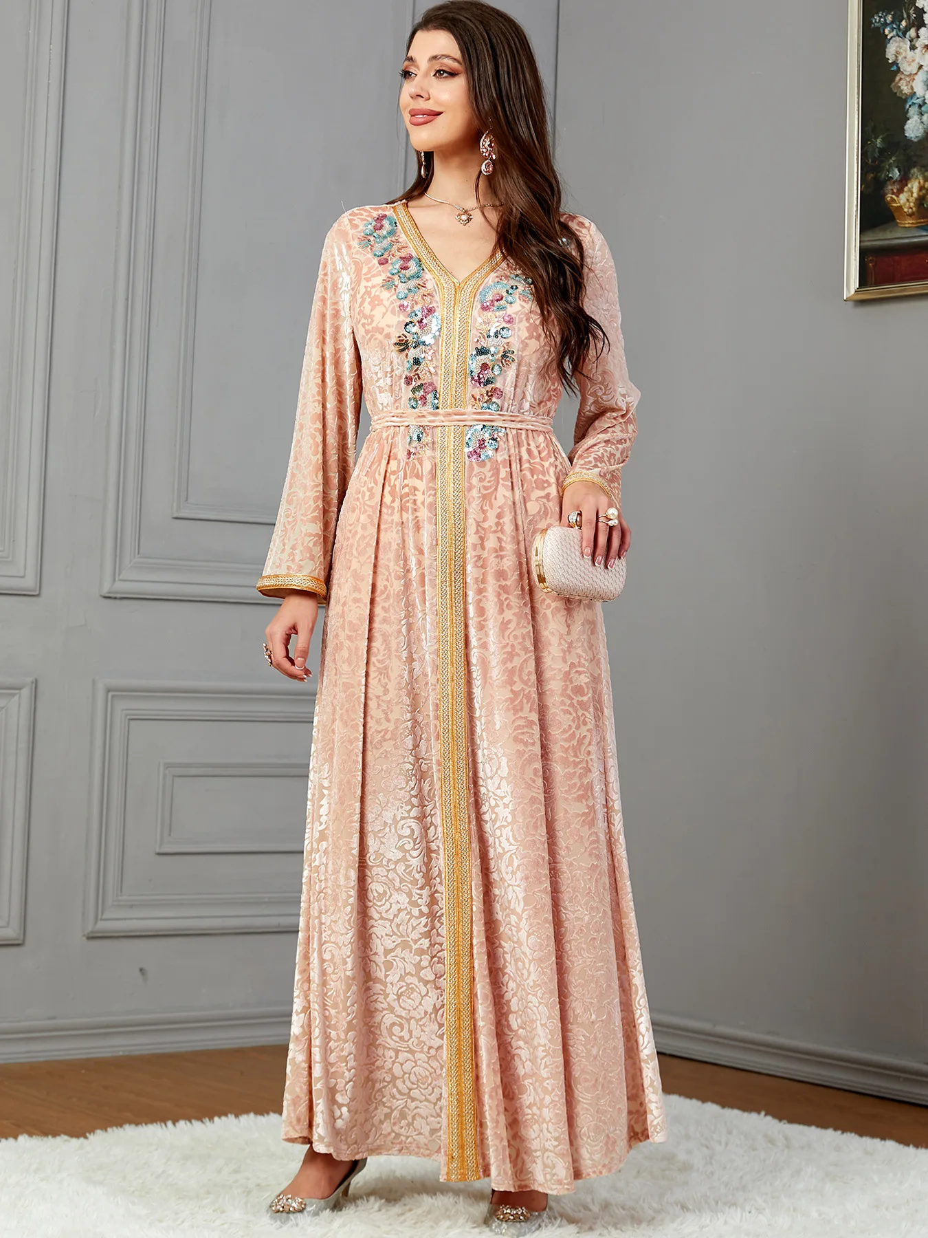 Autumn Winter Velvet Abaya Dress for Women Muslim Party Dress Islamic Lace  up Kaftan Long Sequins Evening Dress