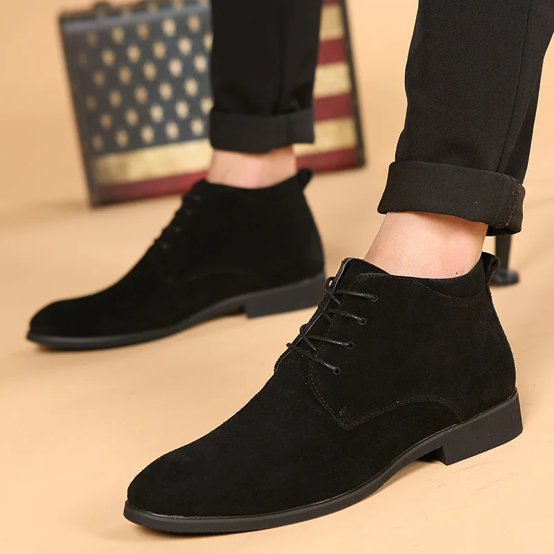 38-48 High Top British Men's Shoes Pointed Toe Leather Boots
