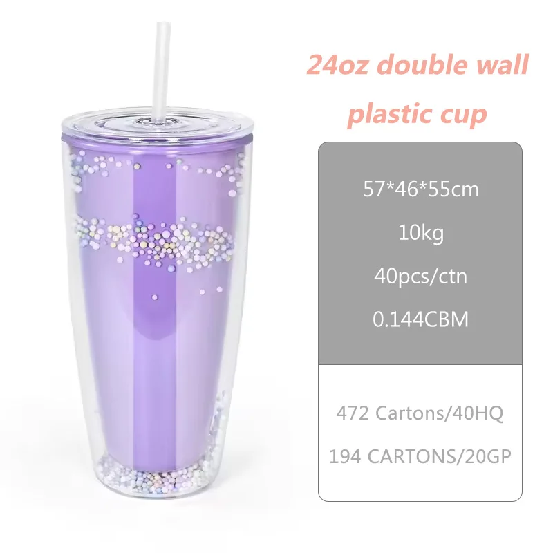 Quality Customized Insert 24oz Bulge Acrylic Plastic Cup with Decoration Ball and Straw 40PCS/CASE