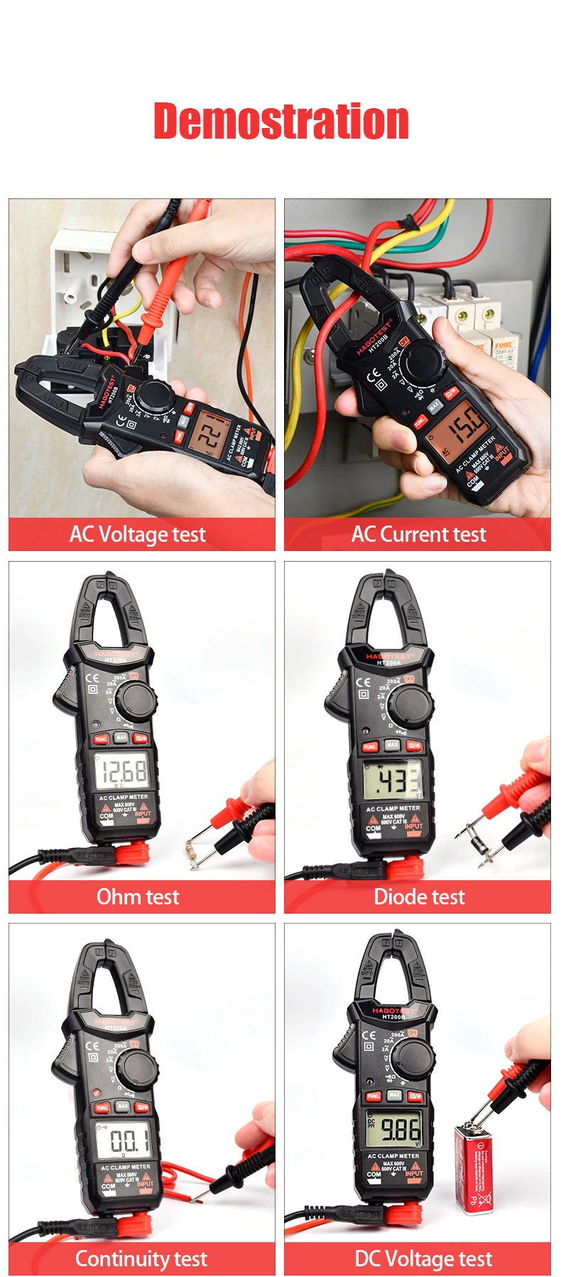 HABOTEST HT200A Clamp Meter Digital Amperometric Clamp Auto Range Voltage Meter Voltmeter Ammeter Transistor Tester 600V 200A