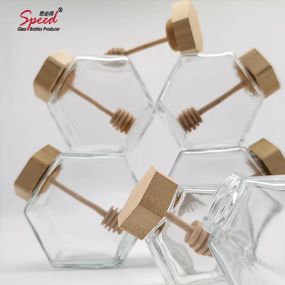 100ml 250ml 430ml Hexagonal Glass Honey Jar with Wooden Lid