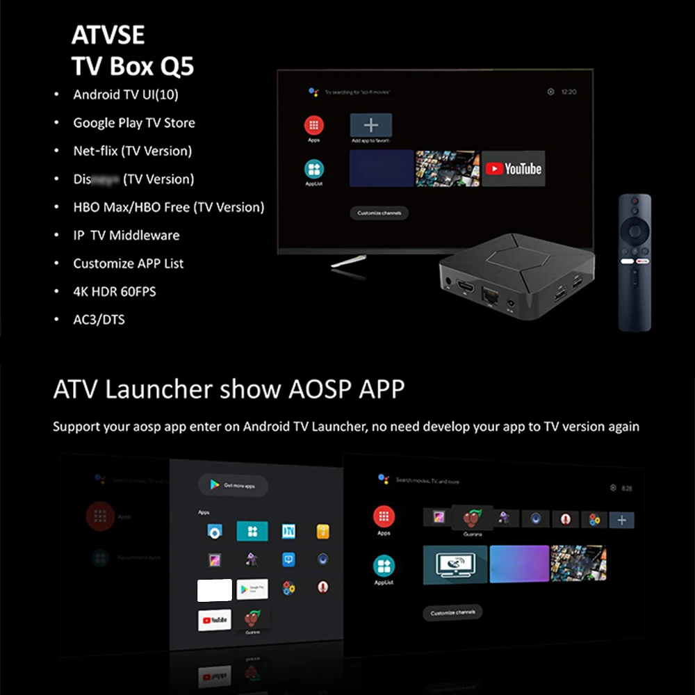 Custom Logo ATV OS Android Box 4K TV Version Smart TV Box Allwinner Quad Core 2GB RAM 8gb Rom Q5 Android TV Box