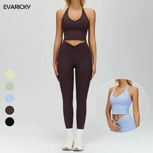 Evaricky 2pcs Women Yoga Set Workout Sportswear Gym Fitness Clothing Halter Sports Tank Top High Waist Leggings Sports Suits