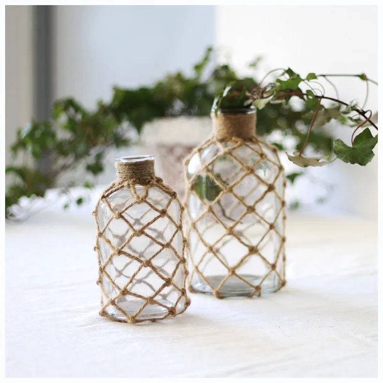 Decorative Flower Vase with Creative Rope Net - Rustic Glass