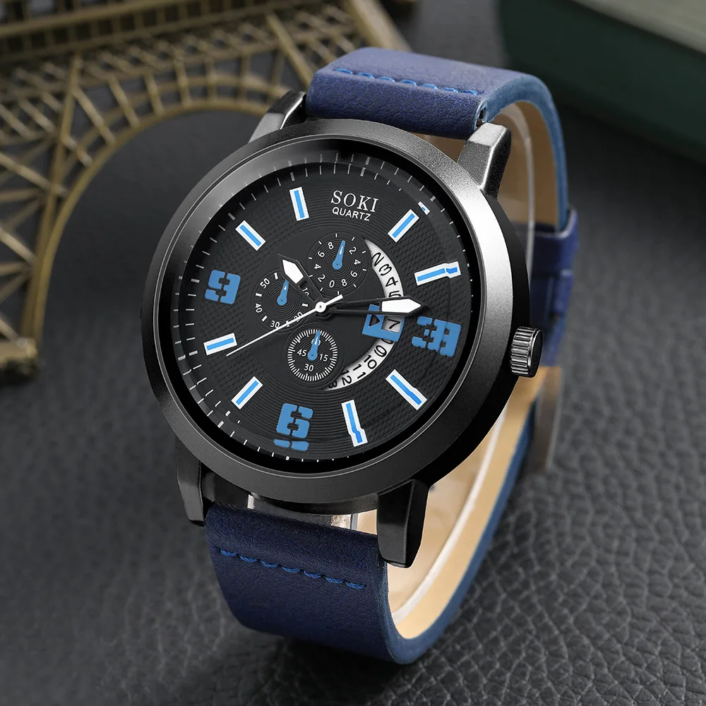 SOKI Brand Watch for Men Business Men Watch Gift Set Casual Leather Strap Number Date Quartz Wristwatches Fashion Watches Man
