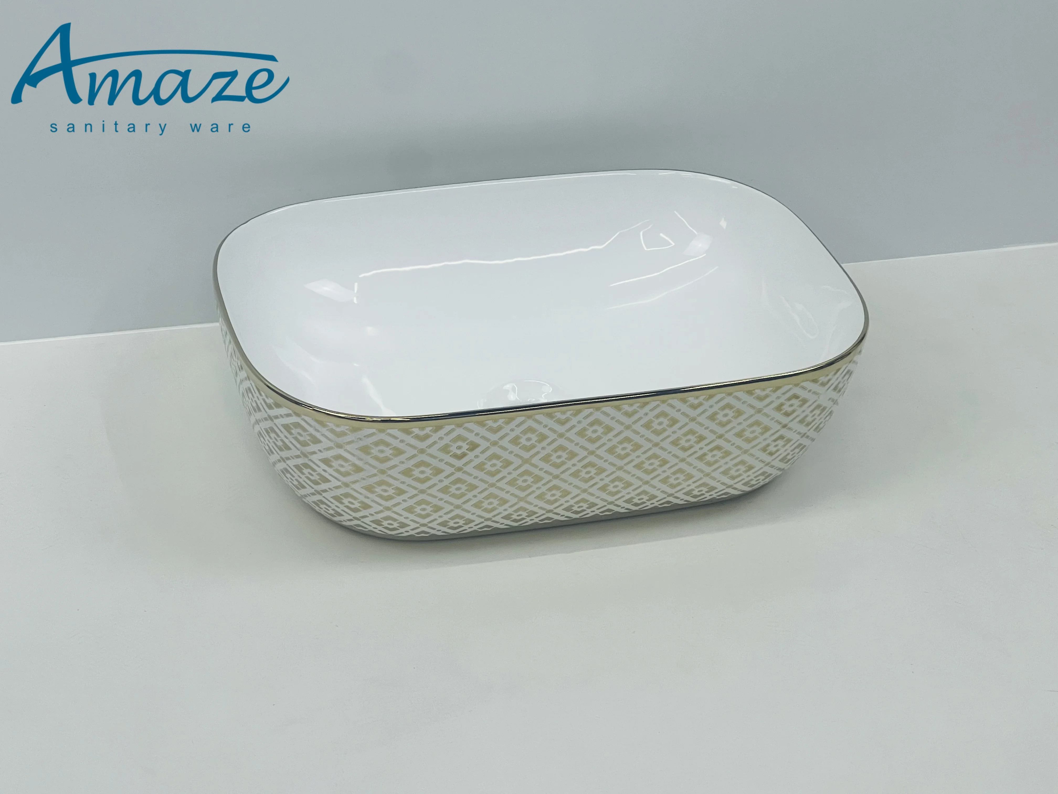 China high quality sanitary ware gold plating pattern ceramic counter top wash basin easy to clean bathroom face basin art basin details