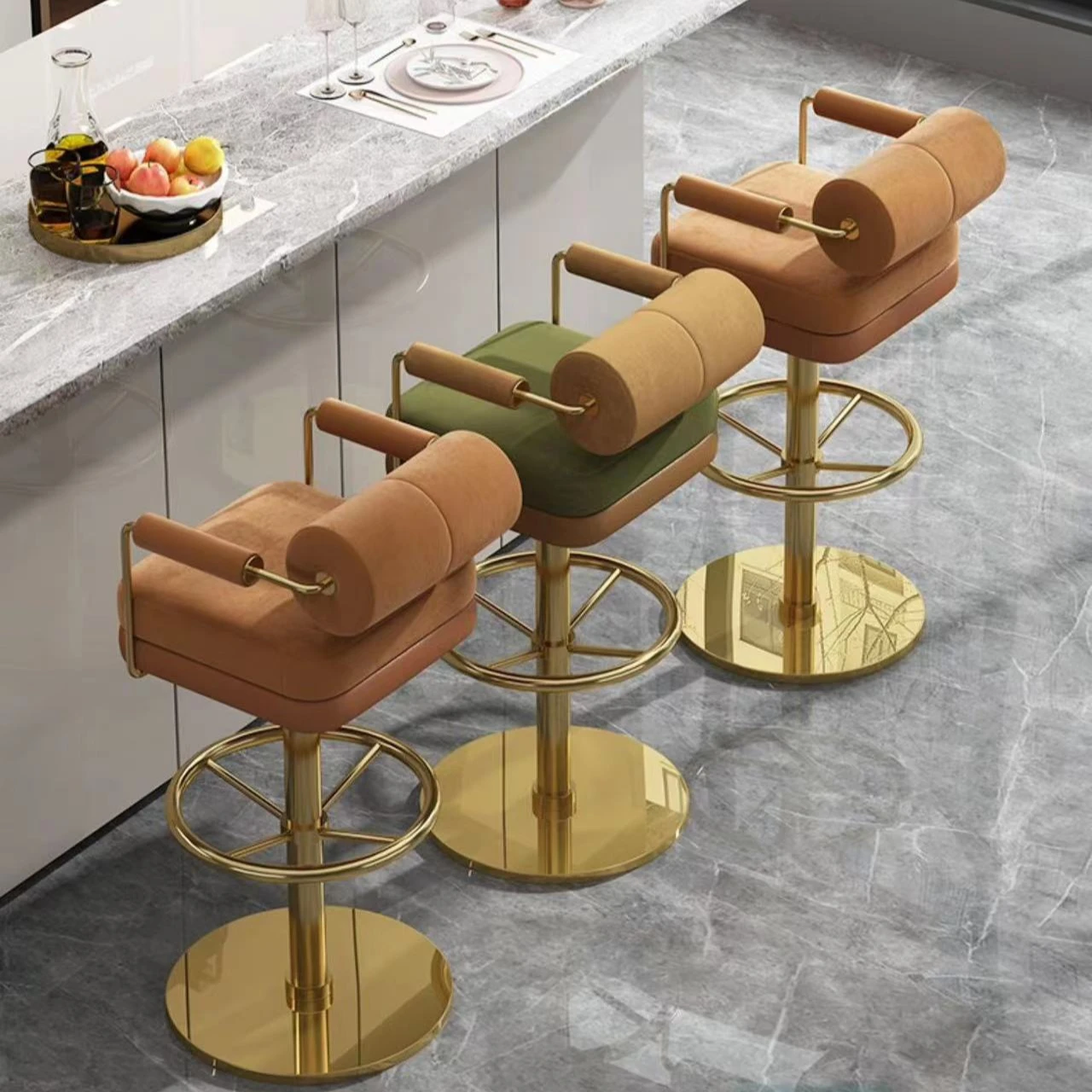 Nordic Modern Metal Velvet bar Stool Coffee Shop Bar Front Desk Chair Stainless Steel Velvet Counter Stool High Foot Bar Chair