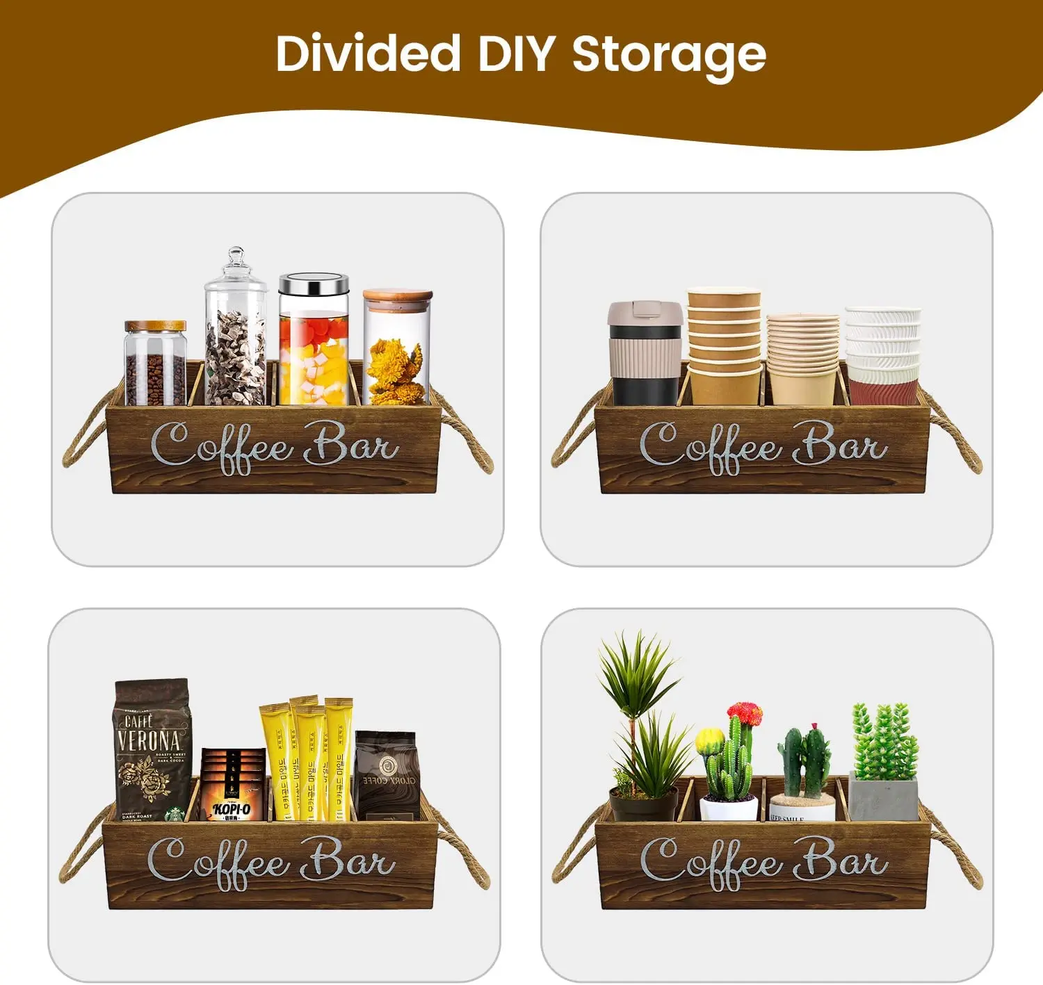 Wooden Coffee Station Organizer With Dividers - Farmhouse Style Pod Holder & Storage Box