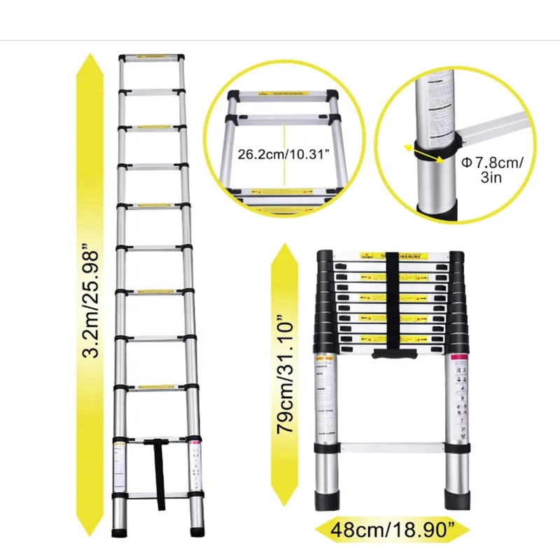 DX-60380 Telescopic Ladder Extendable Lightweight Ladder Aluminium Aluminum Alloy Steps Safety for Roofing Business 10.5 FT 3.8M
