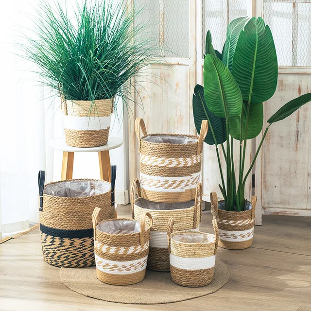 2023 NEW Nature Grass woven flower pot cane woven handmade round plant storage basket
