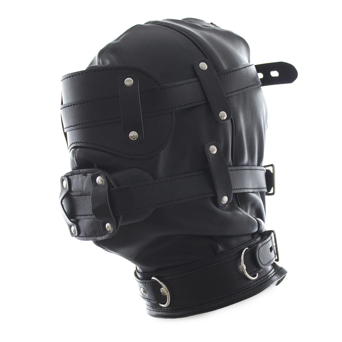 Adjustable Leather Black Bondage Hood BDSM Head Cage with Dildo Mouth Gag for Slave Play