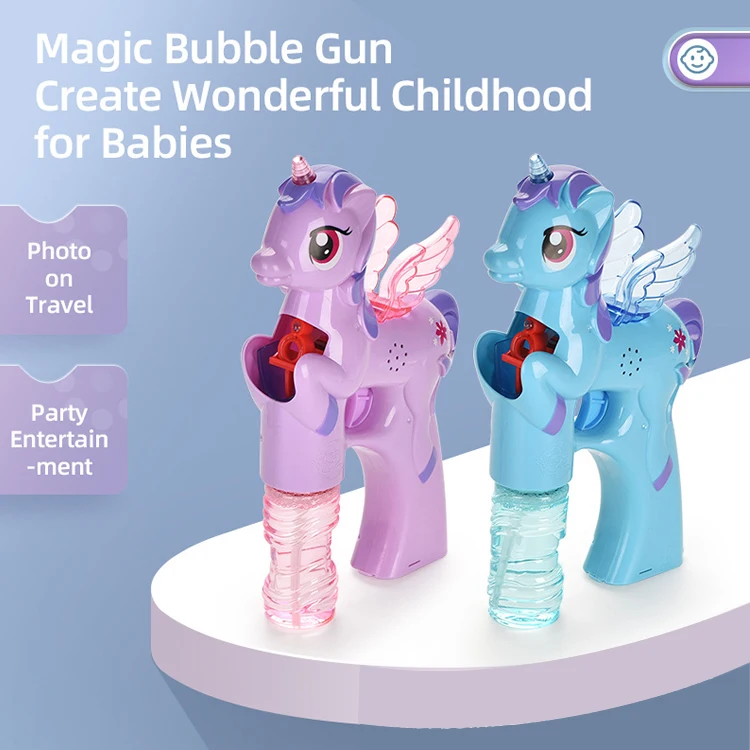 Бластер с изображением единорога со светом и звуком включает в себя 1 пузырьковый пистолет 2 бутылки Пузырькового решения для девочек
