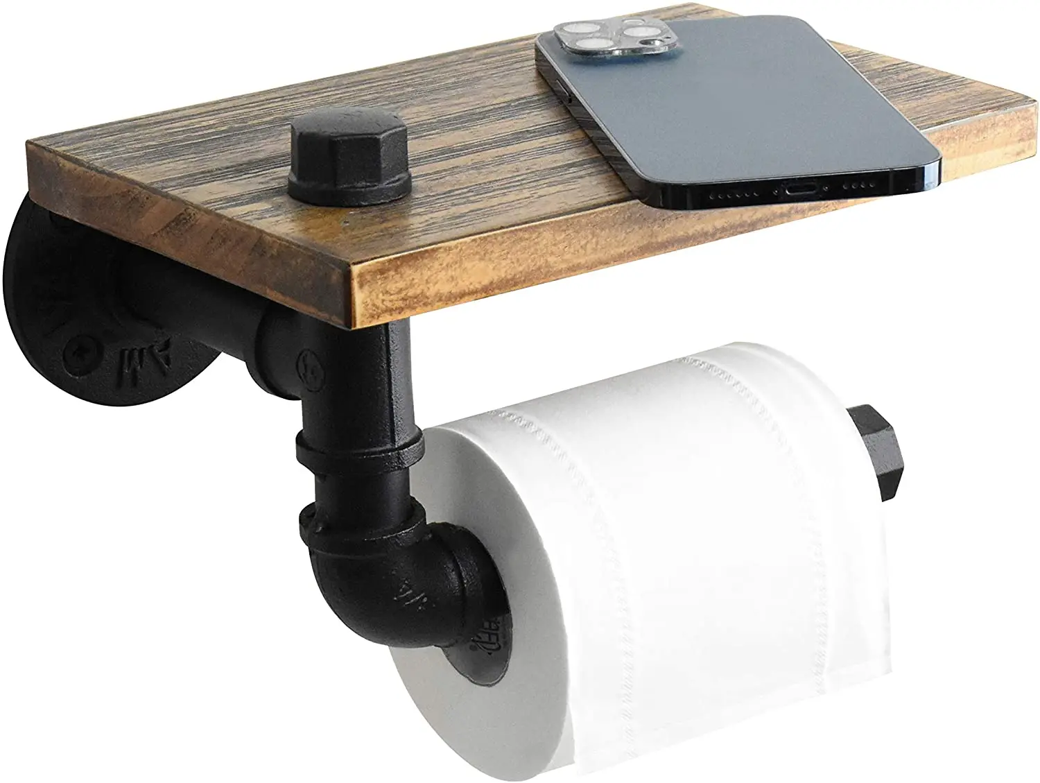 Rustic Pipe Toilet Paper Roll Holder Wall Mounted Bathroom Shelf Industrial Toilet Paper Holder with Shelf Classic Brown 