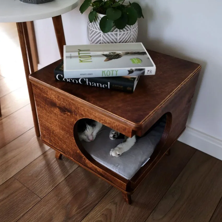 Pet Furniture Side Table Wood Cat House Cozy Wooden Cat Bed House