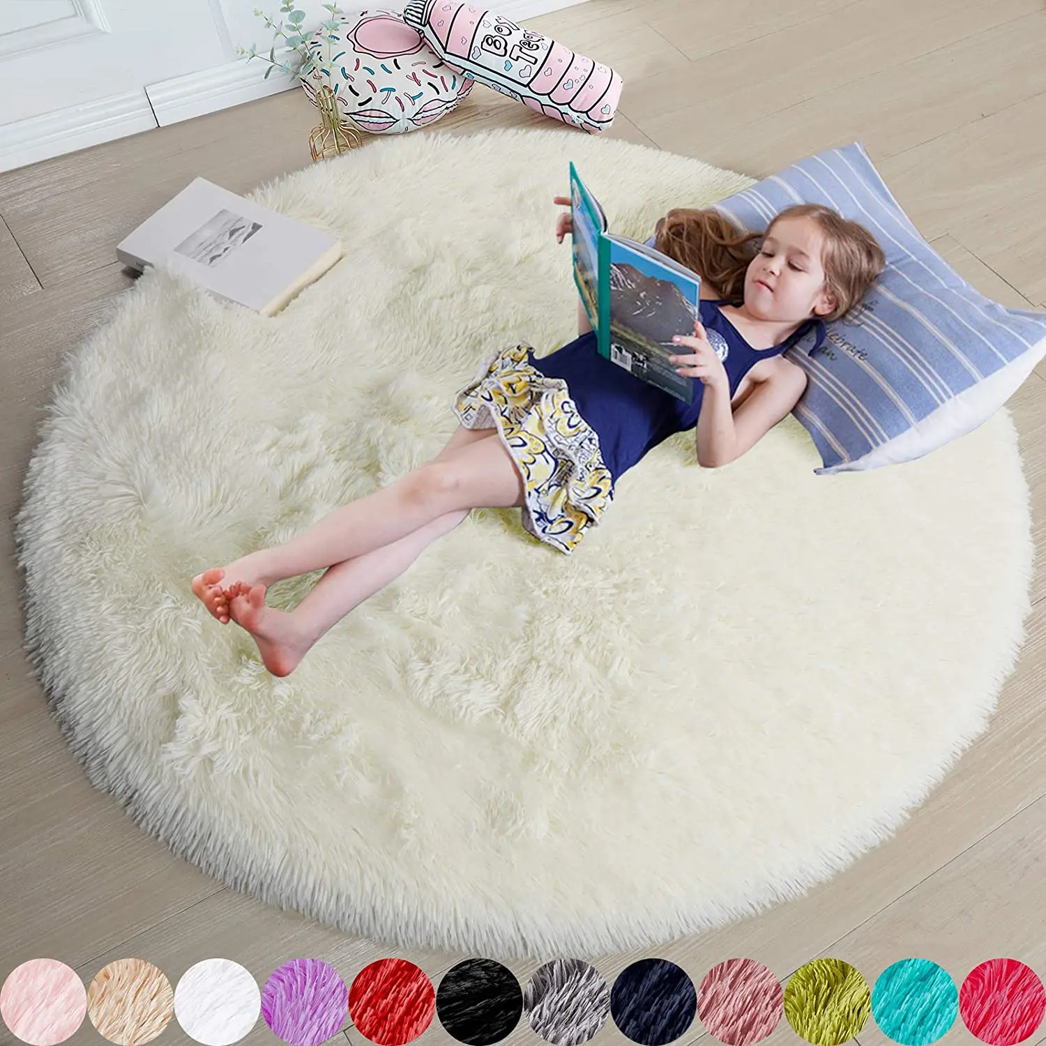 Pink Round Rug for Girls Bedroom Shaggy Non-slip
