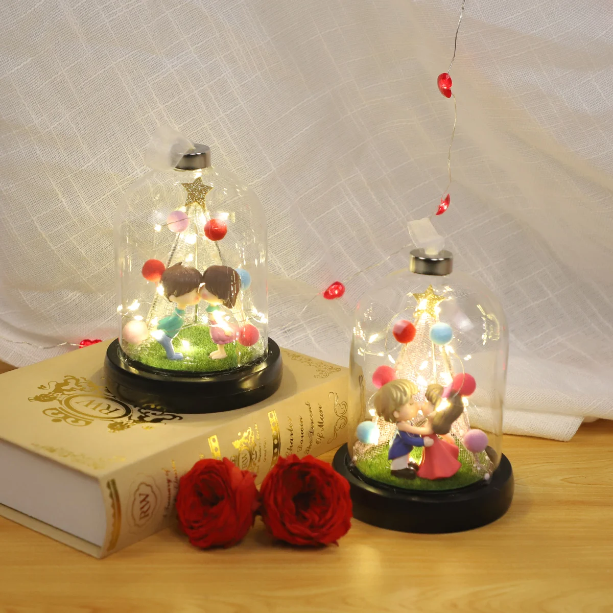 christmas ornaments flowers glass valentine gift new glass dome with lights Christmas rose gifts for mom