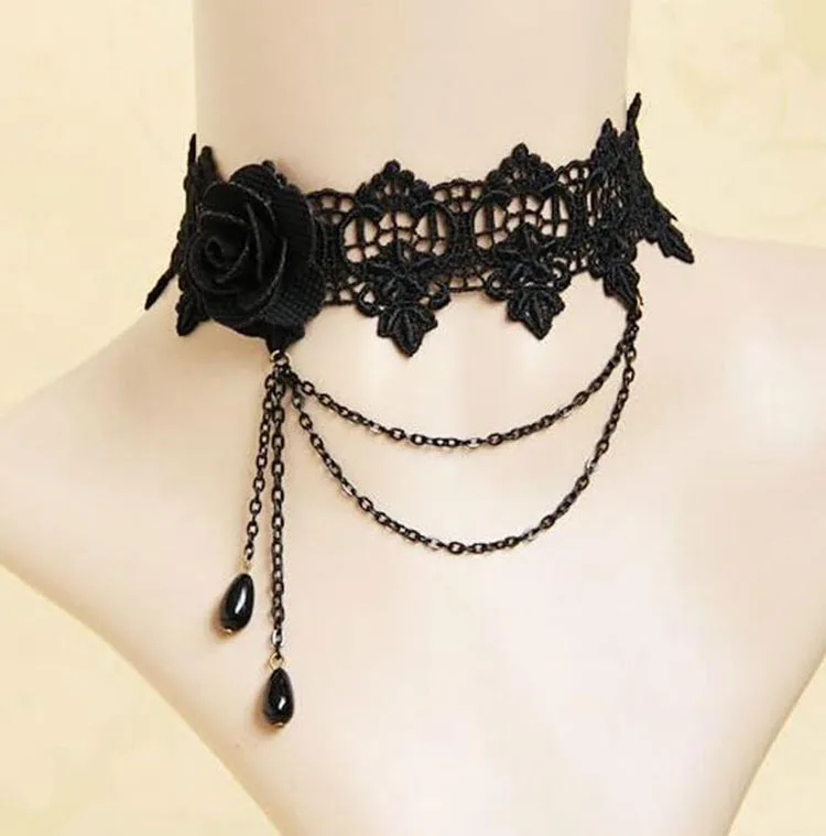 Lot 3 Colliers Dentelle Noire Gothique – Ras Du Cou Avec Glands & Chaîne Réglable – Accessoire Halloween & Cosplay Femme