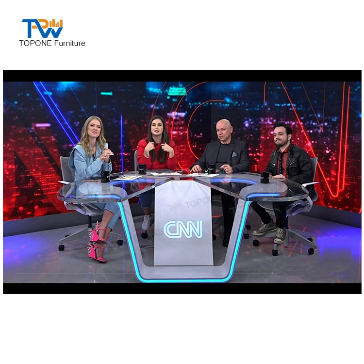 Customized White Big Broadcast Table of Radio TV Broadcasting Equipment Triangle Artificial Stone TV News Desk