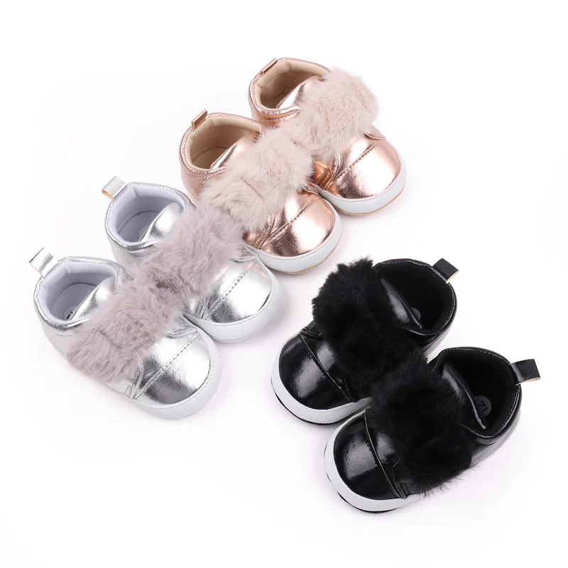 Bright PU Leather Plush Hook and Loop Solid Color Baby Girls Cute Soft Soled Toddler Shoes details