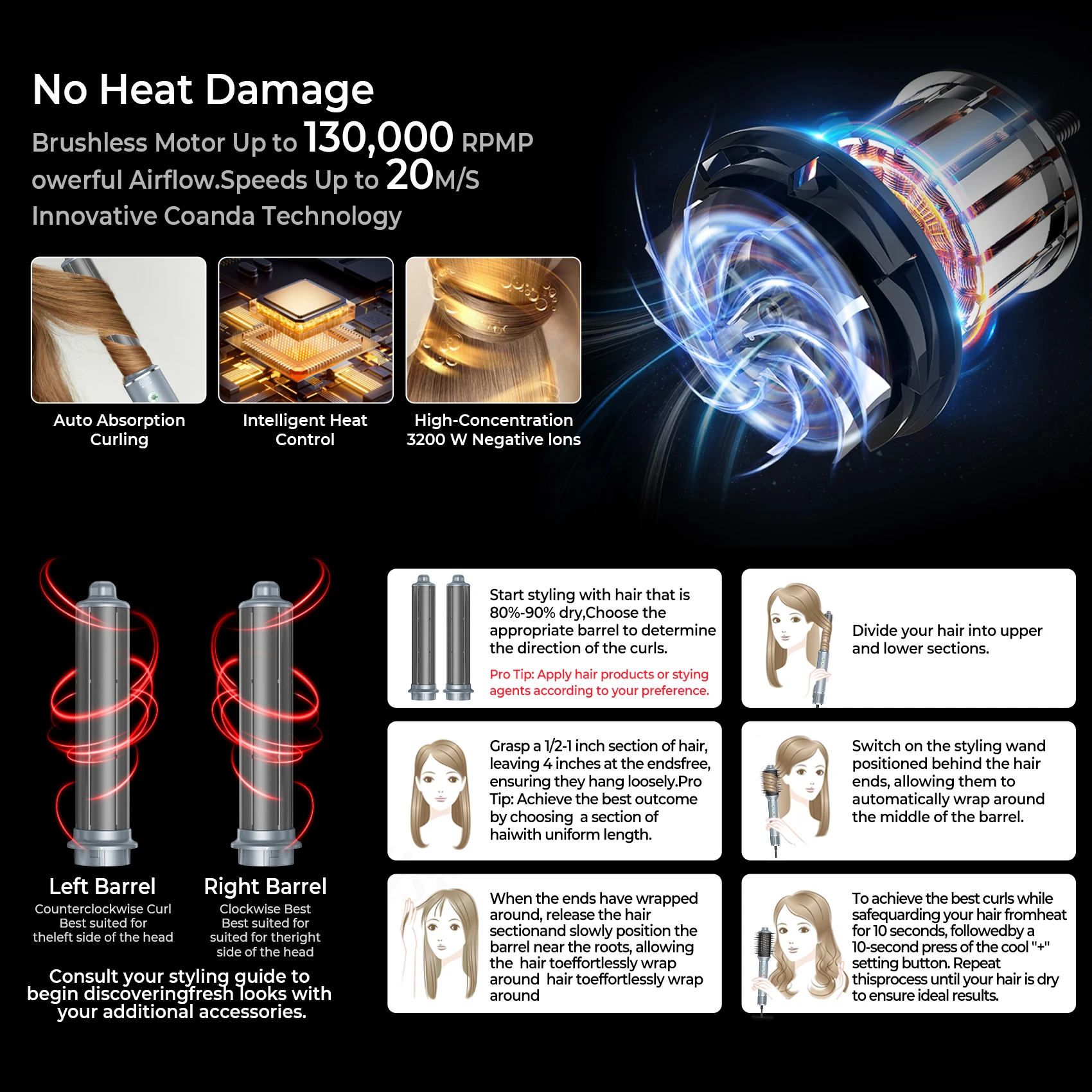 Newest OEM 5 in 1 High Speed Brushless Hair Blow Dryer Salon  Professional BLDC Motor One Step Hair Brush Blow Dryer and Styler