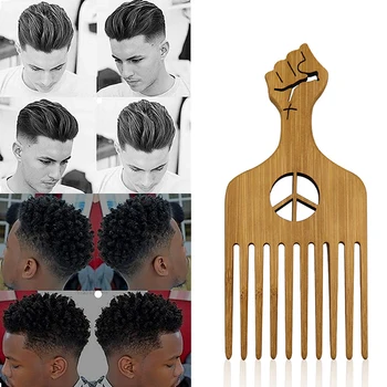 Custom Logo Natural Wooden Bamboo Barber African Afro Wide Detangle Beard Hair Pick Afro Comb Wood
