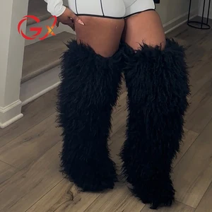 GX01A05 Fashion Winter Warm Women Thigh Highs Faux Fur Fluffy Long Boots