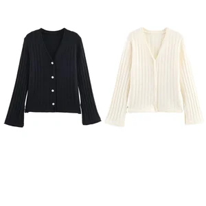 Women 2025 Autumn New Fashion Regular Sleeve Button V-neck Knitted Cardigan Vintage Casual Chic Tops