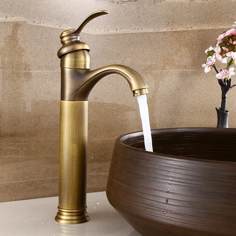 Antique Copper Bathroom Basin Faucet Cold and Hot Water Mixer Tap Sink Faucet Deck Mounted Single Handle Bathroom Faucet