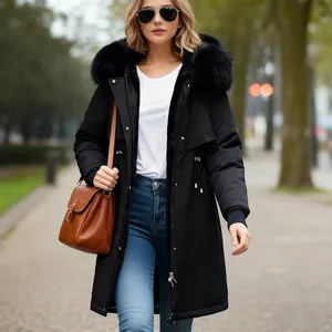 Winter Women's Long Coat Faux Fur Hooded Parka Clothing Black Thick Women's Warm Coat