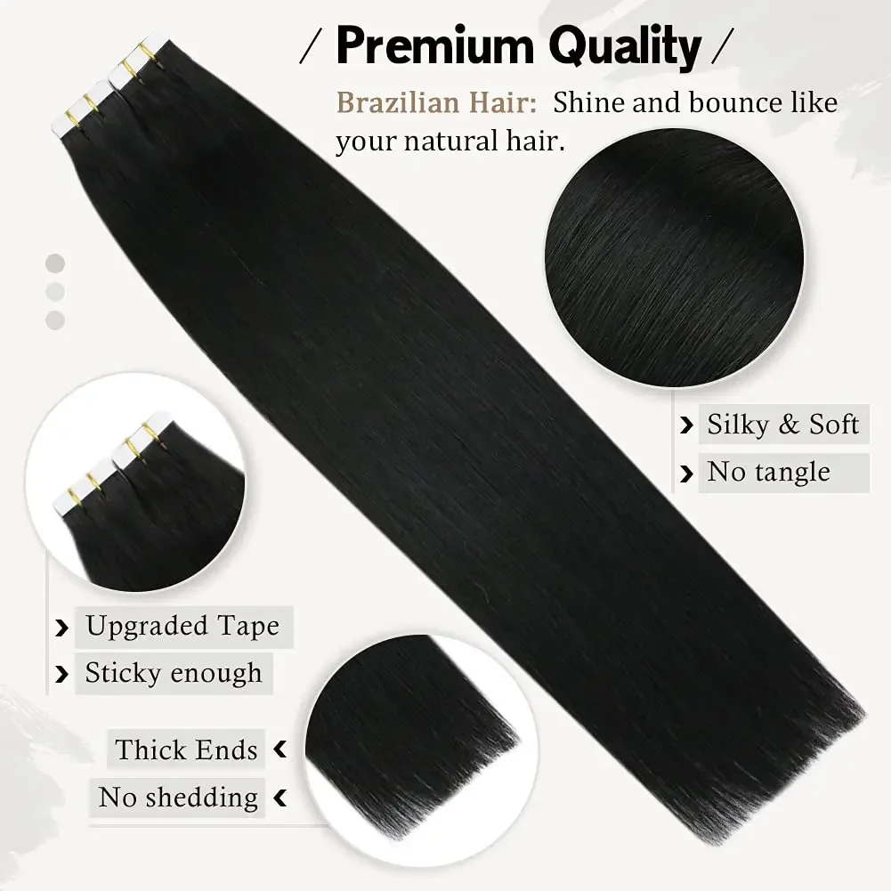 Natural Black Straight Hair Tape In Extensions for Women 1B_voghion.com