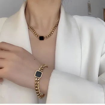 European and American Fashion Retro Black Square Ring Stainless Steel Neutral Bracelet Gifts for Women