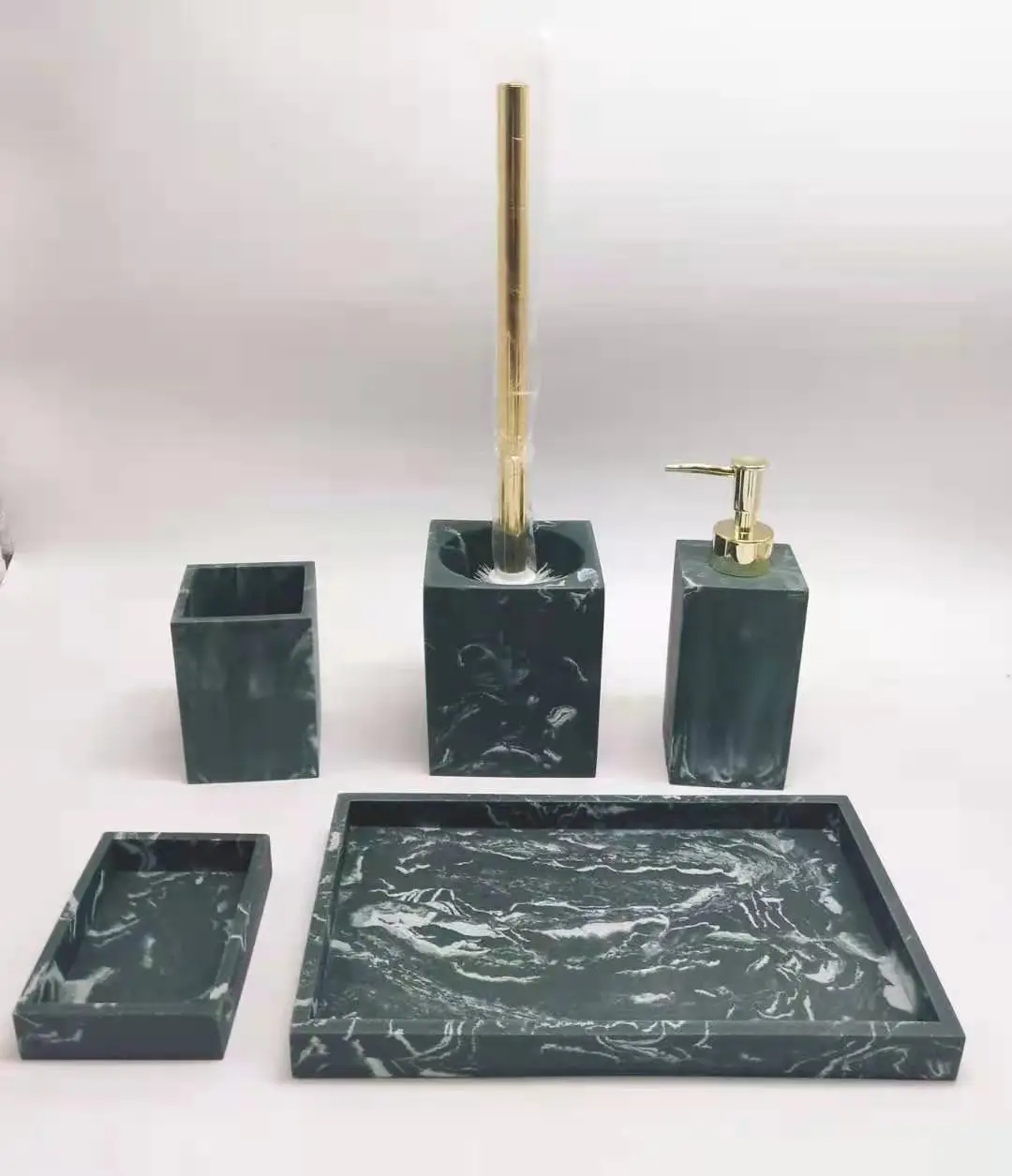 Luxury 5pcs Black Marble Effect Polyresin Resin Bathroom Accessories