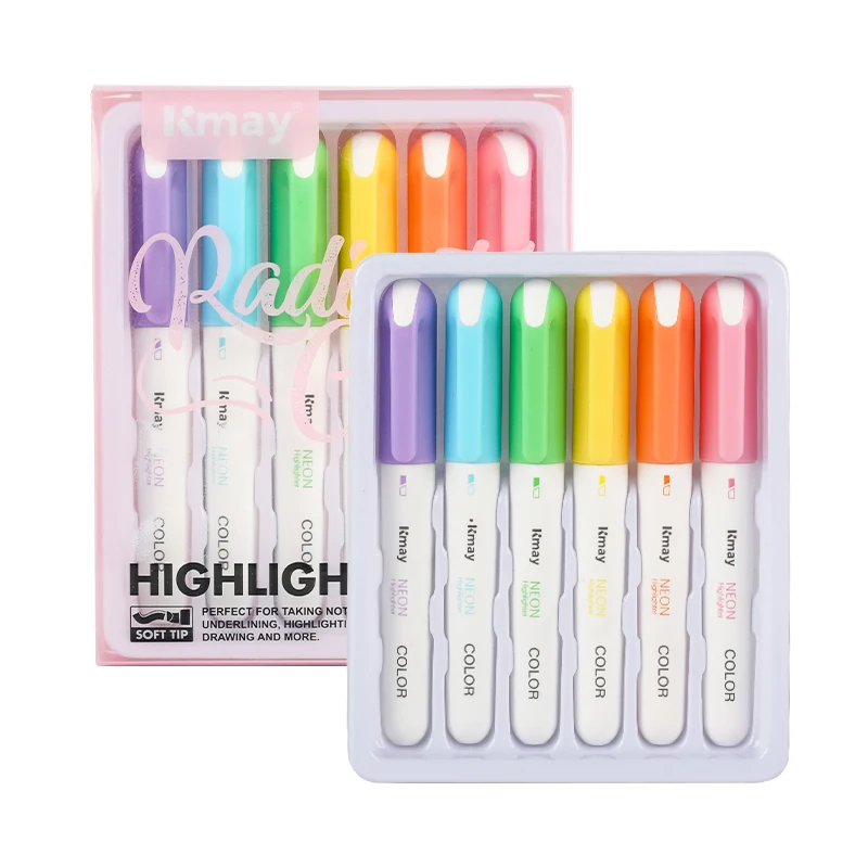 Kmay K381A/6N Pastel Highlighter Pen Set 6 Colors Soft Chisel Tip Smooth Writing Fluorescent Marker for School Office Study