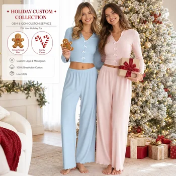 Women Bow Pajama Set V Neck Long Sleeve Sleepwear Soft Two Piece Lounge Outfit for Autumn Winter and Christmas