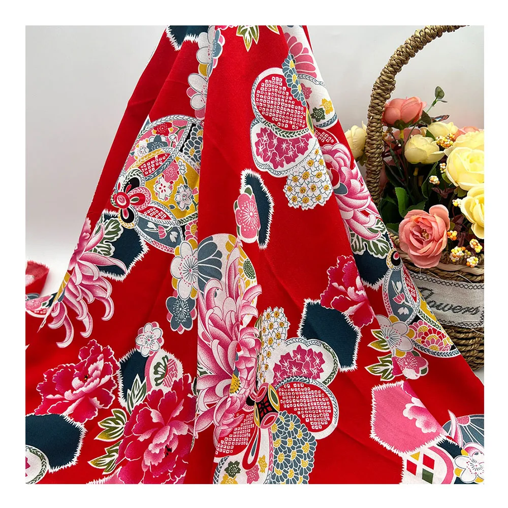 Заводская цена от производителя красная винтажная вискозная ткань под заказ Тропический Принт 100 вискоза вискозная ткань с принтом для рубашки