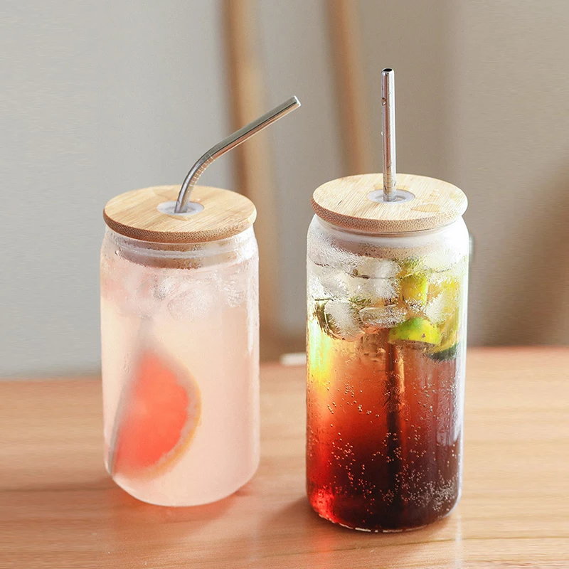 Bamboo Lid Glass Coffee Cups - Beer Can Style with Straw