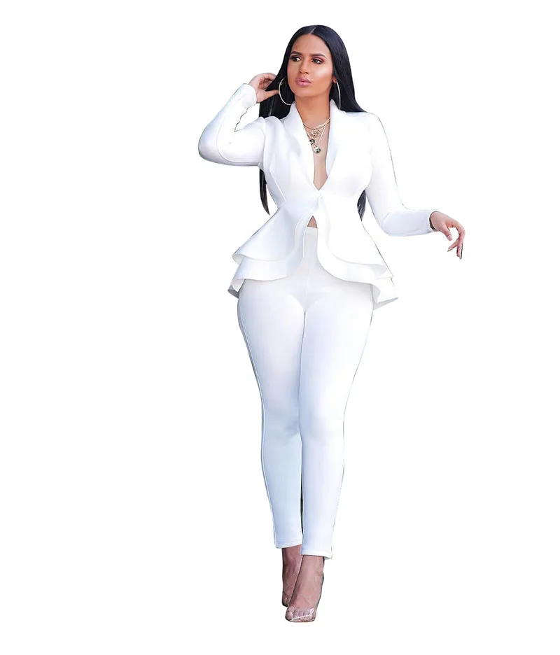 Fall Winter Women Uniform Set Full Sleeve Ruffles Blazers Pencil Pants Suit Two Piece Set Office Lady Outfits