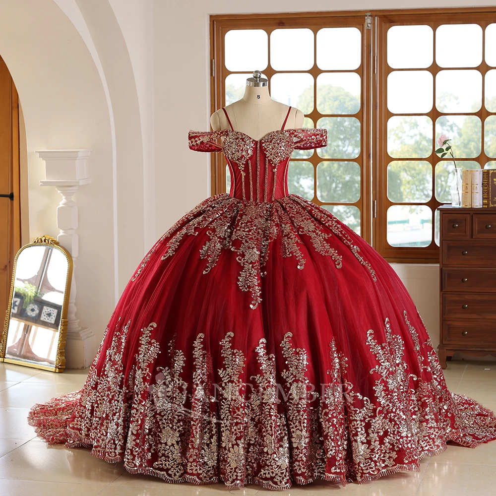Red Quinceanera Dress Prom Burgundy and Gold Applique Tulle Princess Dress  Sweet 15 Year Old Party Dress Wc042-2