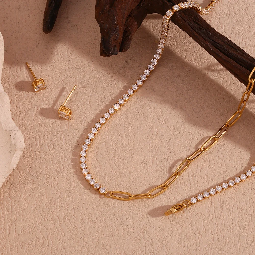 Dreamshow Shining Zircon Jewelry Paper Clip Chain Chain Necklace 18k Gold Plated Stainless Steel Jewelry Set