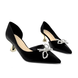 Fashionable Delicate Sweet Bow High Heels Thin Heels Shallow Mouth Pointed Side Hollow Out Single Shoes
