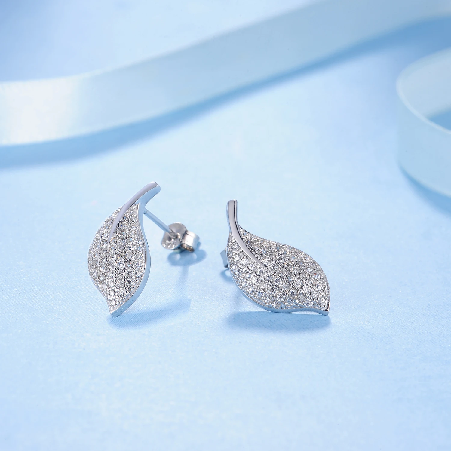 New Fashion Couple Leaves Earring Bling CZ 925 Sterling Sliver Women Earring Leaves Stud Jewelry(图4)