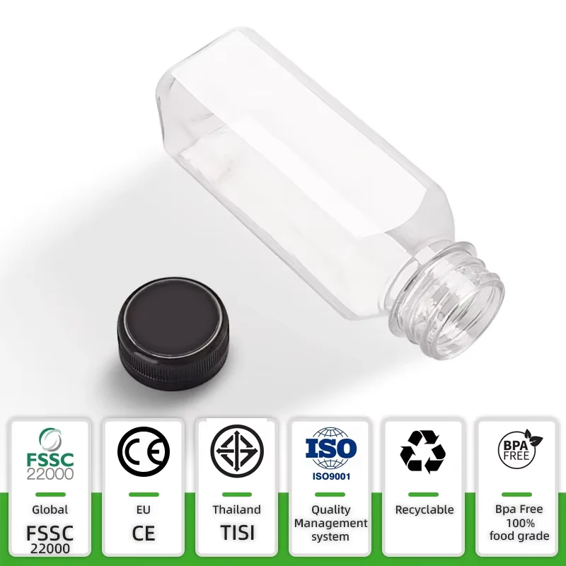 250ml 350ml 400ml 500ml Customized Labeling PET Juice Bottle Square Transparent PET Drinks Plastic Juice Bottle With Cap